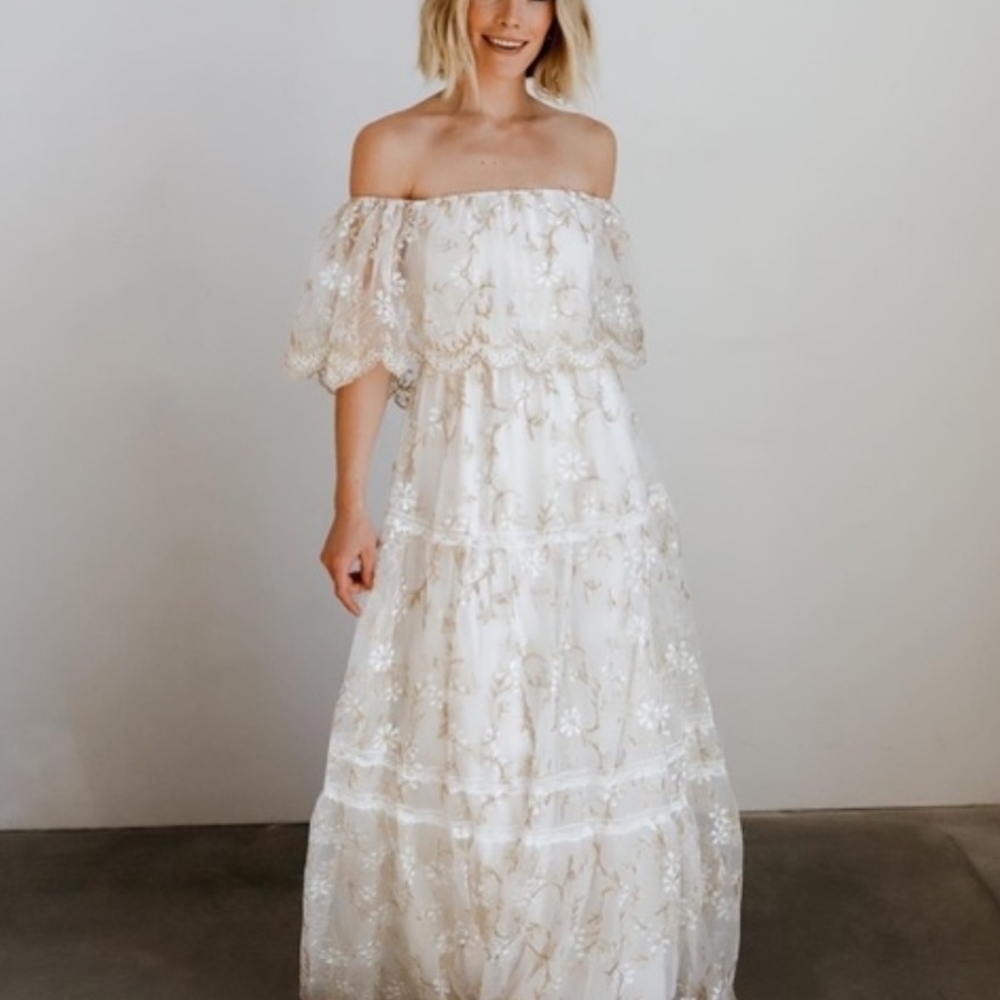 Baltic Born Aurora Off Shoulder Embroidered Floral Cream Maxi Dress